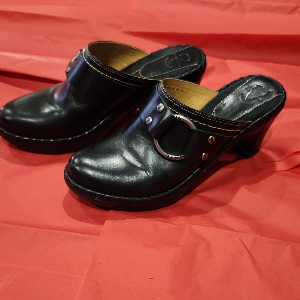 FRYE Black Leather Mules with Silver Accents